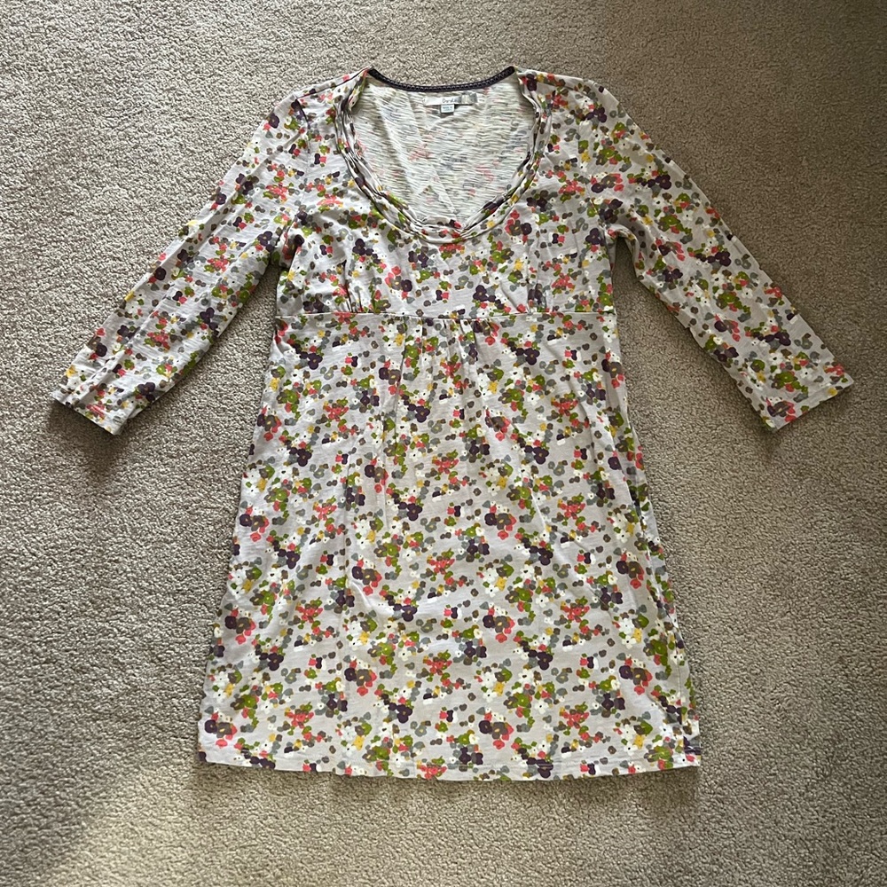 Boden floral tunic dress grey scoopneck ruched neck 3/4 sleeves size 8